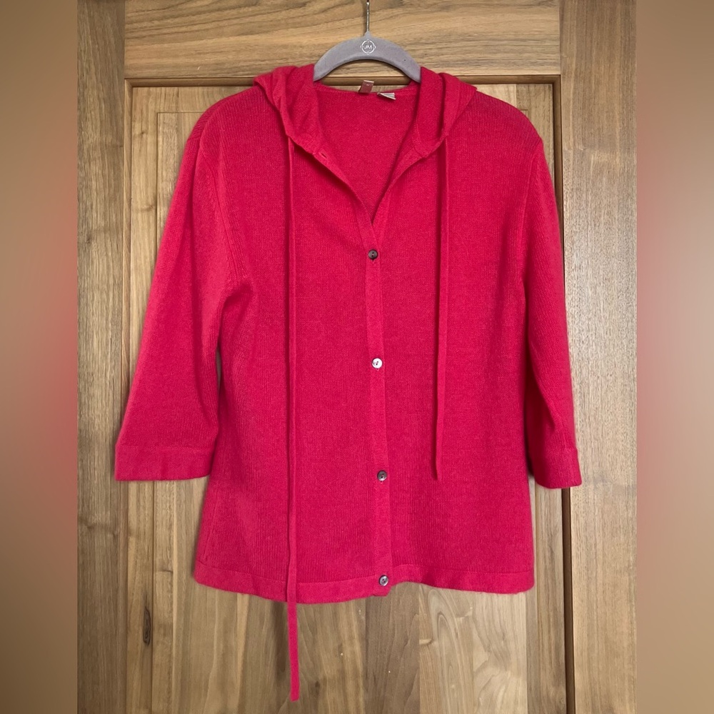 FAL 100% Cashmere 3/4 Length Sleeve Hooded Cardigan Sweater Size M Fuchsia